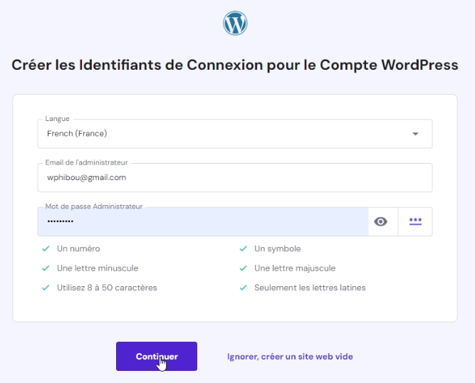 Entrez les identifiants de connexion pour installer WordPress sur Hostinger