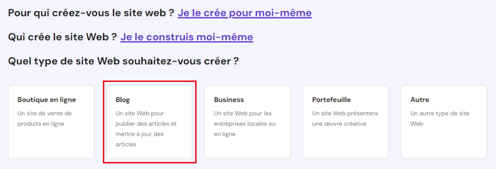 Quel type de site voulez vous pour installer WordPress sur Hostinger