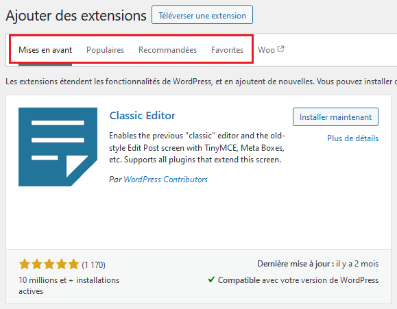 Filtrres pour rechercher un plugin WordPress