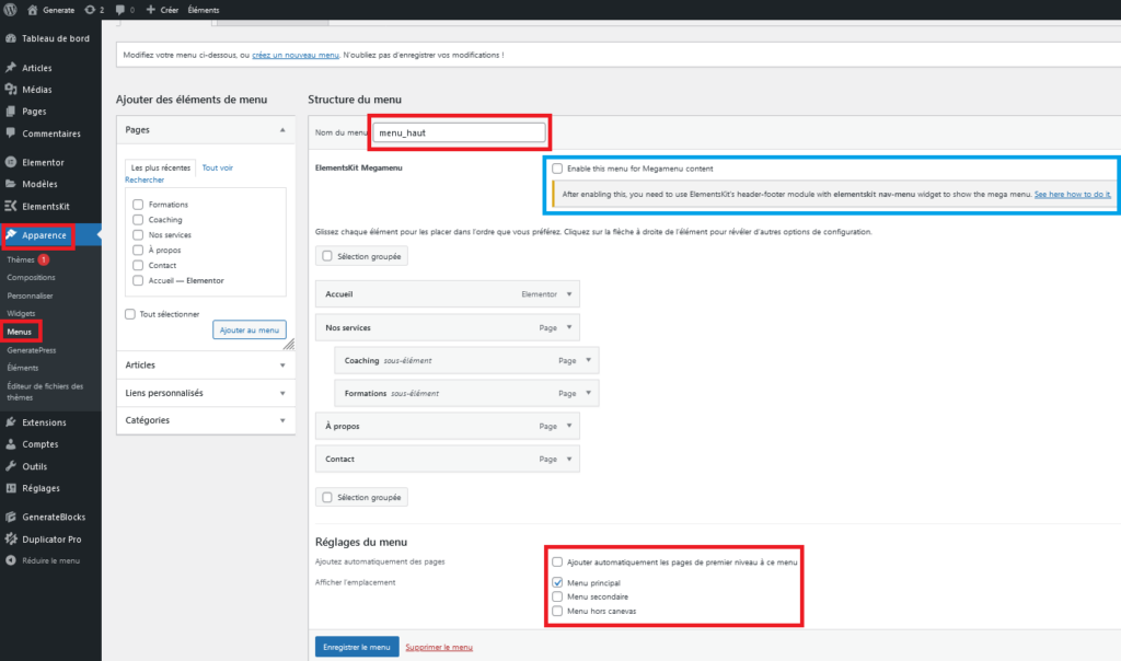 création d'un menu de navigation sur WordPress