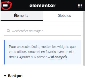menu burger de réglages Elementor