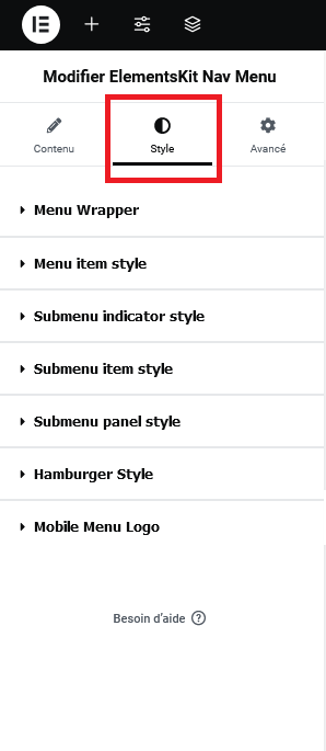 réglages des sous-menus dans Elementor