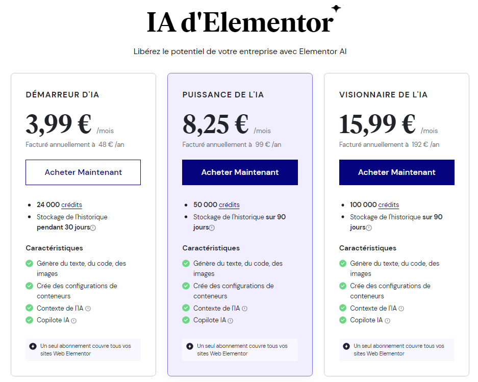 Tarifs elementor ai